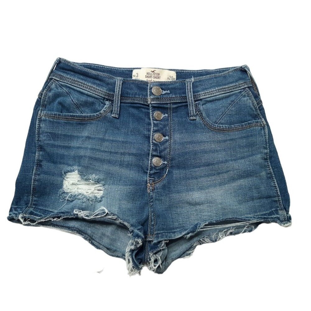 Hollister Shorts Womens 3 26 Blue‎ Distressed Button Fly High Rise Denim Stretch